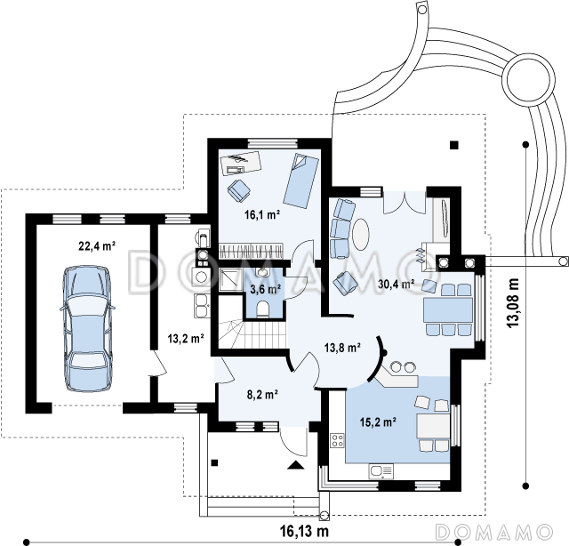 Проект просторного мансардного дома из газобетона с четырьмя спальнями, гаражом и барбекю не террасе / План 1 этажа