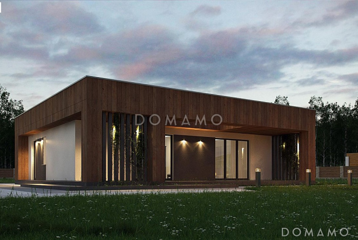 Проект простого одноэтажного дома из кирпича с плоской крышей с тремя спальнями  и крытой террасой 