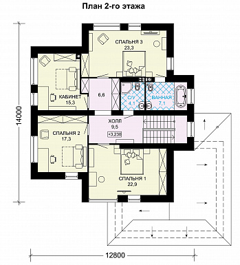 Проект двухэтажного дома из СИП панелей с окнами в пол в гостиной / План 2 этажа