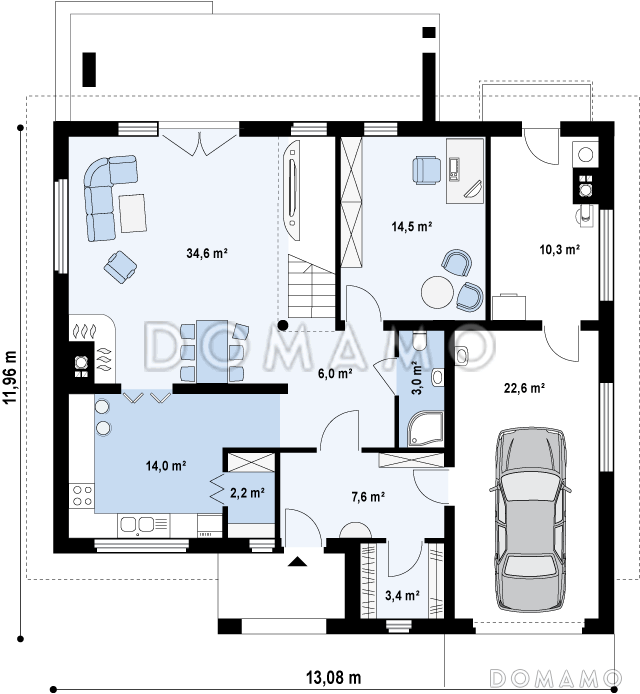 Проект просторного современного двухэтажного дома из газобетона, с пятью комнатами, гаражом и балконом / План 1 этажа