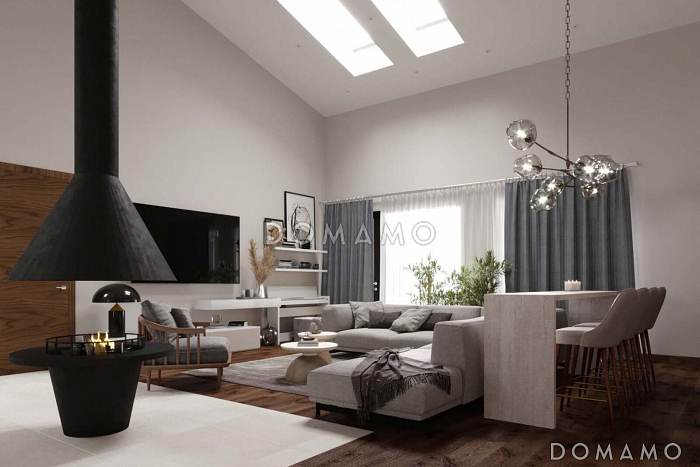 Проект каркасного дома с сауной, мастер-спальней, 2 детскими и автонавесом