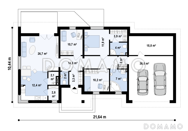 Проект одноэтажного дома из кирпича с большим встроенным гаражом на два автомобиля и мастерской / План 1 этажа