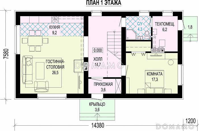 Проект дома в стиле минимализм с 4 спальнями / План 1 этажа