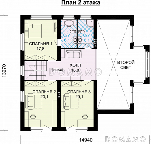 Проект дома из газобетона с панорамными окнами и натуральной черепицей / План мансардного этажа