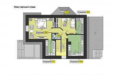 Частный дом с эркером, крытой террасой, балконом, большой кладовой на мансарде / План мансардного этажа