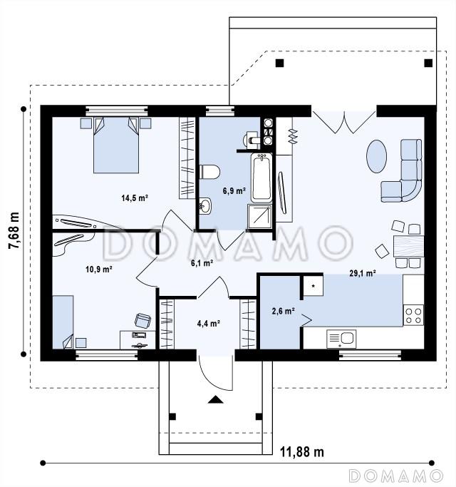Проект компактного одноэтажного дома из газобетона с двумя спальнями и просторной гостиной / План 1 этажа