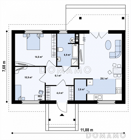 Проект компактного одноэтажного дома из газобетона с двумя спальнями и просторной гостиной / План 1 этажа