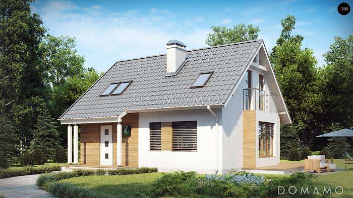 Проект загородного дома с мансардными окнами, балконом, открытой террасой