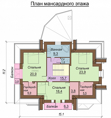 Проект одноэтажного дома с мансардным и цокольным этажами, с двумя эркерами / План мансардного этажа