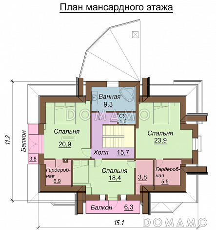 Проект одноэтажного дома с мансардным и цокольным этажами, с двумя эркерами / План мансардного этажа