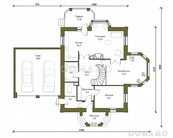 Проект большого коттеджа с зимним садом и гаражом / План 1 этажа