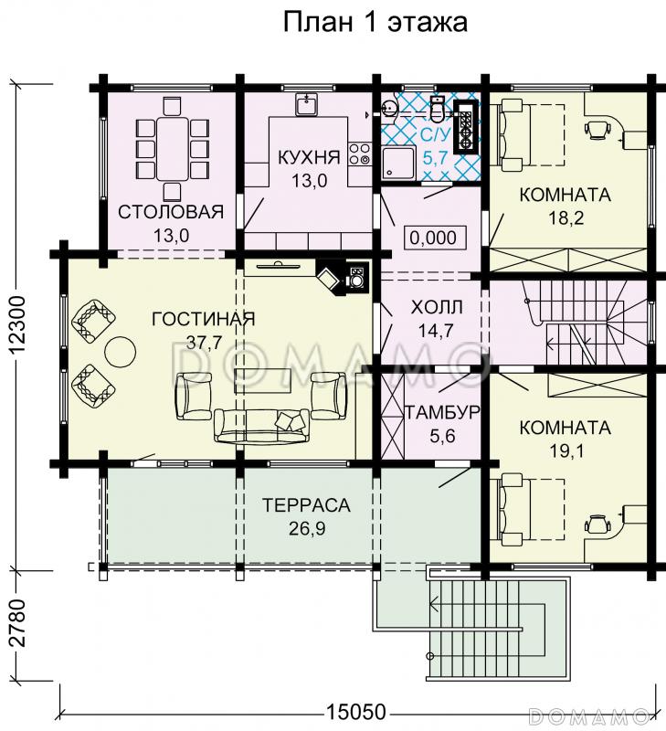 Проект дома с цокольным этажом, тренажерным залом, сауной и гаражом на два автомобиля / План 1 этажа