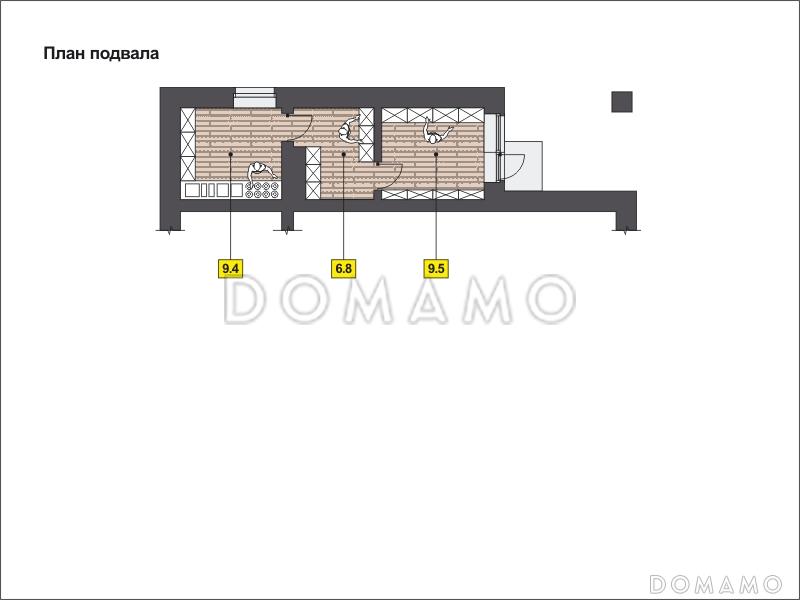 Проект дома с гаражом на одну машину, со спортзалом и душевой на втором этаже, большой мансардой / План цокольного этажа