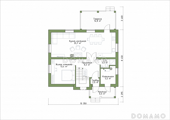 Проект коттеджа с просторной кухней-гостиной и террасой. / План 1 этажа