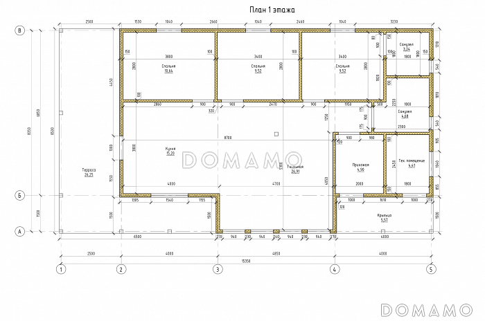 Проект каркасного дома с открытой планировкой и большой террасой / План 1 этажа