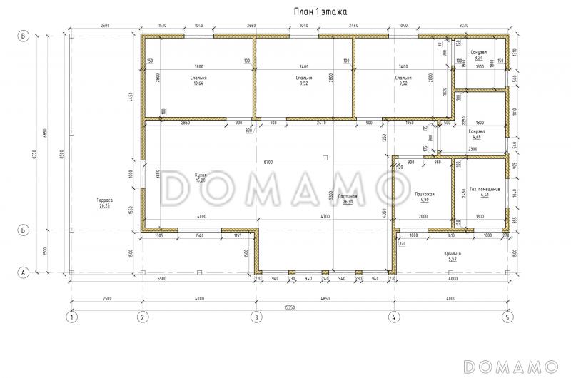 Проект каркасного дома с открытой планировкой и большой террасой / План 1 этажа