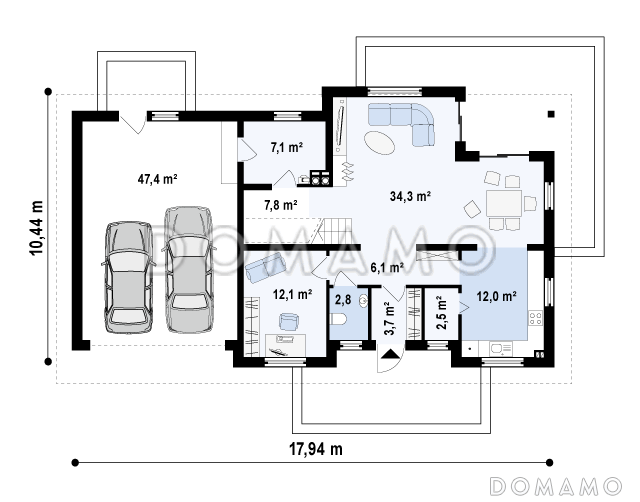 Проект просторного одноэтажного дома из кирпича со свободной зоной на мансардном этаже и со встроенным гаражом / План 1 этажа