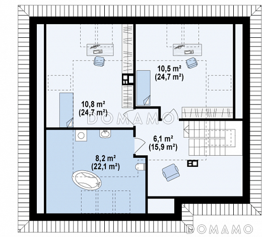 Проект мансардного дома из кирпича с двумя спальнями на первом этаже и двумя на мансарде / План мансардного этажа