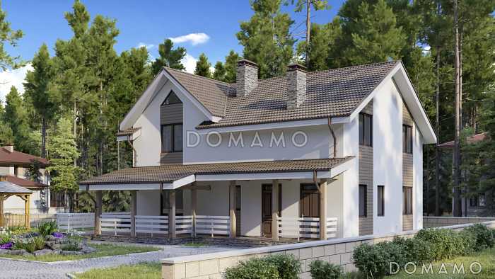 Проект дома с террасами, совмещенной кухней-гостиной, сауной, мастер-спальней на мансардном этаже