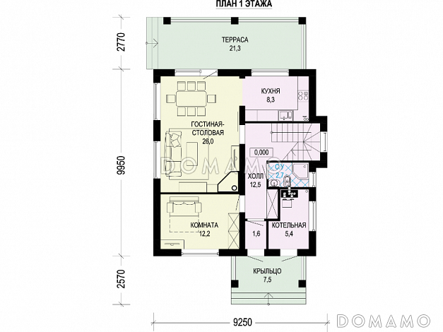 Проект двухэтажного дома с террасой, отдельным входом в котельную, хозяйской спальней с ванной / План 1 этажа