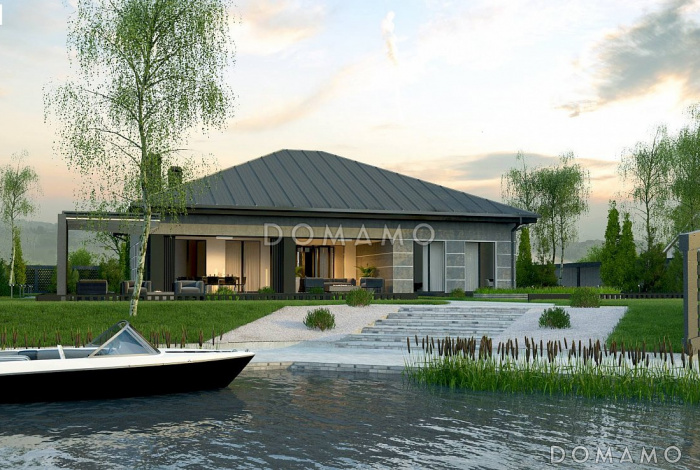 Проект оригинального одноэтажного дома из кирпича с крытой парковкой внутри дома