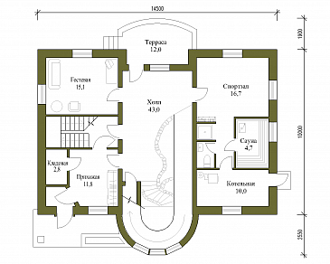 Проект трёхэтажного коттеджа с башенкой и пандусом / План 1 этажа