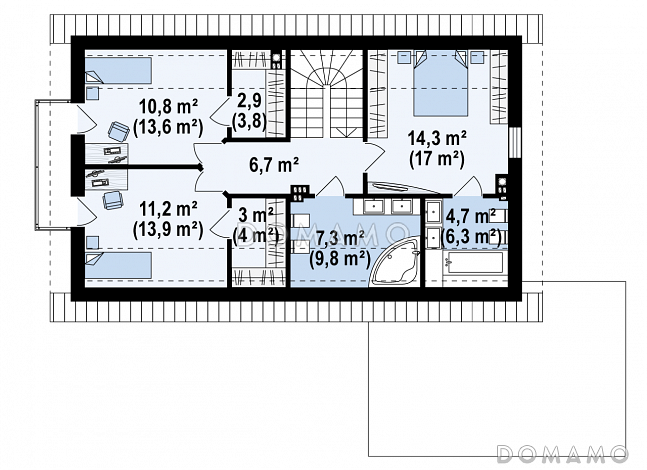 Проект одноэтажного мансардного дома из кирпича с кабинетом, балконом и гаражом / План мансардного этажа
