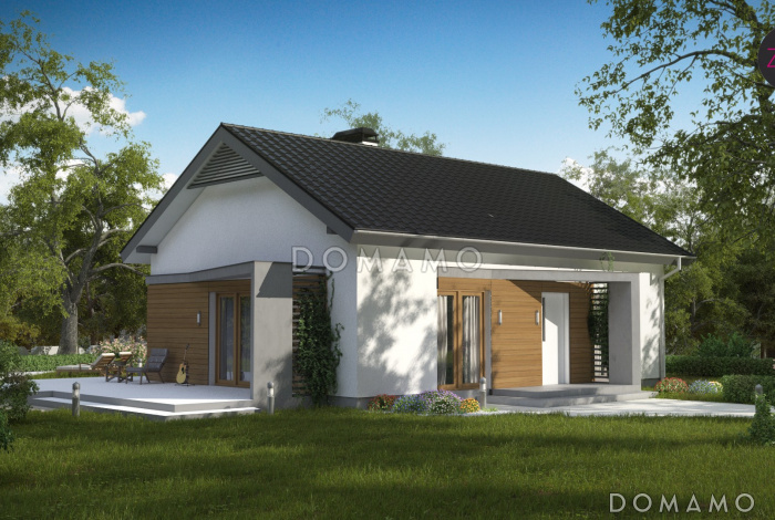 Проект компактного одноэтажного дома из кирпича с двумя спальнями, светлой дневной зоной и кладовой рядом с кухней