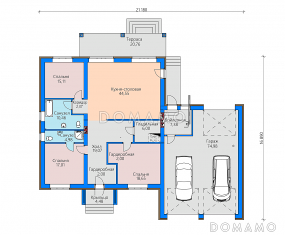 Проект дома с гаражом на две машины, террасой, большой кухней-столовой / План 1 этажа