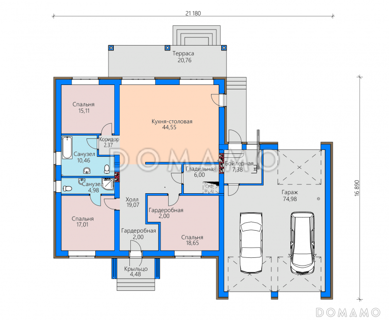 Проект дома с гаражом на две машины, террасой, большой кухней-столовой / План 1 этажа