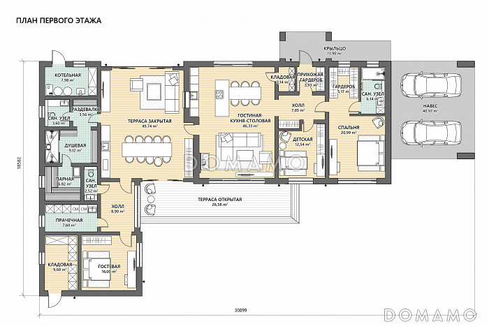 Проект одноэтажного Г-образного дома из кирпича с мастер-спальней, теплой террасой, парной и навесом для двух машин / План 1 этажа