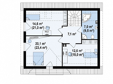 Проект полутораэтажного мансардного дома с кабинетом на первом этаже под каркасное строительство / План мансардного этажа