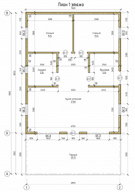 Проект каркасного дома с двумя спальнями и крытой террасой / План 1 этажа