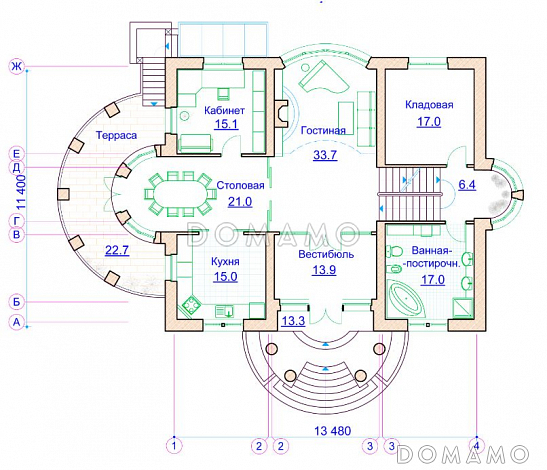 Проект коттеджа с двусветной гостиной, сауной и балконом / План 1 этажа