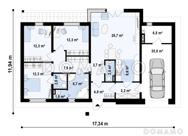 Проект одноэтажного дома из кирпича с прямоугольным эркером в современном архитектурном исполнении и со встроенным гаражом / План 1 этажа
