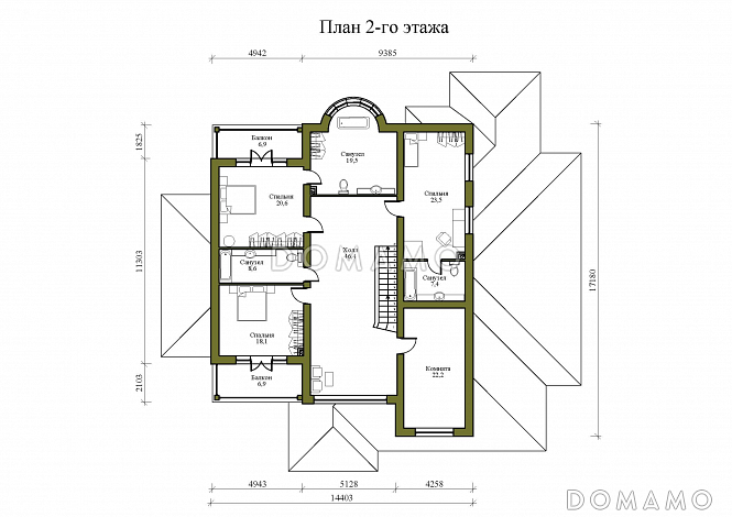 Проект просторного двухэтажного дома с эркером, двумя террасами и гаражом на 2 места / План 2 этажа
