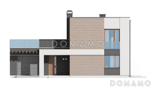 Проект современного двухэтажного дома из кирпича с тремя спальнями и террасой над одноместным гаражом / Фасад 1