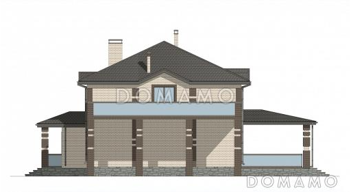 Проект двухэтажного кирпичного дома со вторым светом, навесом для автомобиля и открытой террасой на втором этаже / Фасад 2