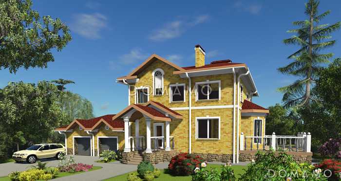 Проект двухэтажного коттеджа с цоколем, с гаражом на два автомобиля