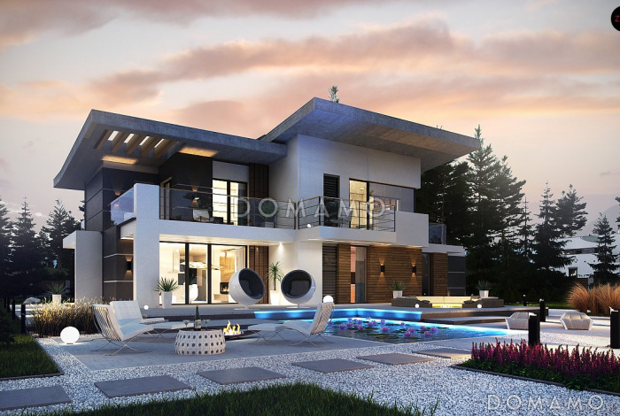 Проект загородного дома с подвалом, гаражом, кладовой в центре кухонной зоны, спальнями с санузлами на втором этаже