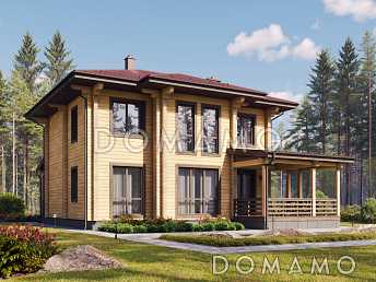 Проект двухэтажного деревянного дома с мастер-спальней и крытой террасой