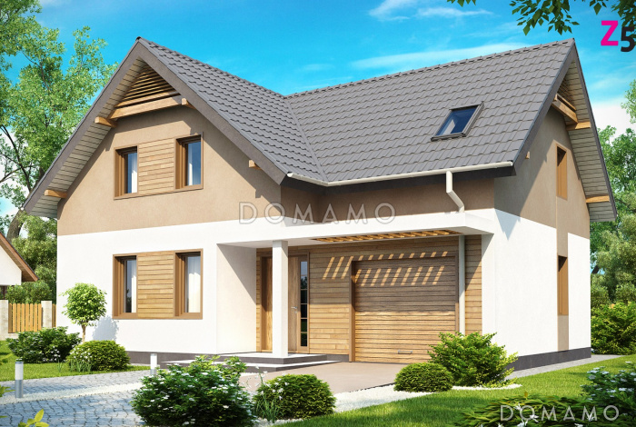 Проект мансардного дома из кирпича с лоджией и гаражом