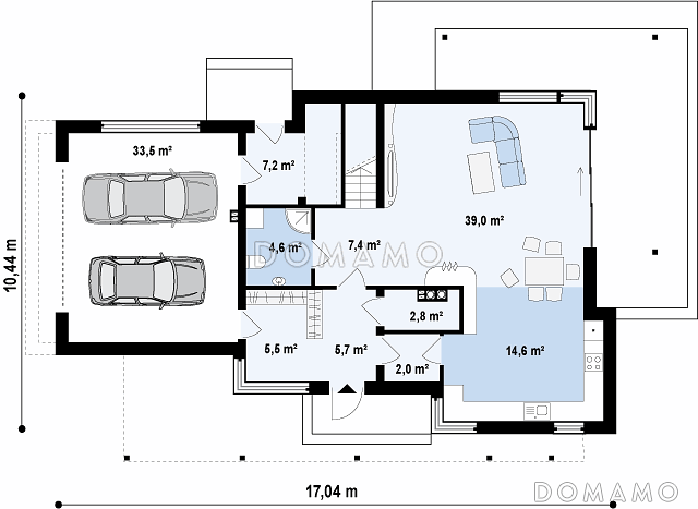 Проект современного двухэтажного дома из газобетона в стиле модерн с пятью спальнями, с гаражом, угловой террасой и балконом над ней / План 1 этажа
