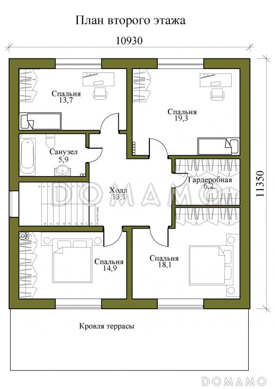 Проект двухэтажного дома с совмещенной кухней-столовой и гостиной, четырьмя спальнями и крытой террасой / План мансардного этажа