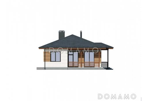 Проект одноэтажного компактного дома из газобетона с двумя спальнями, просторной дневной зоной и крытой террасой / Фасад 2