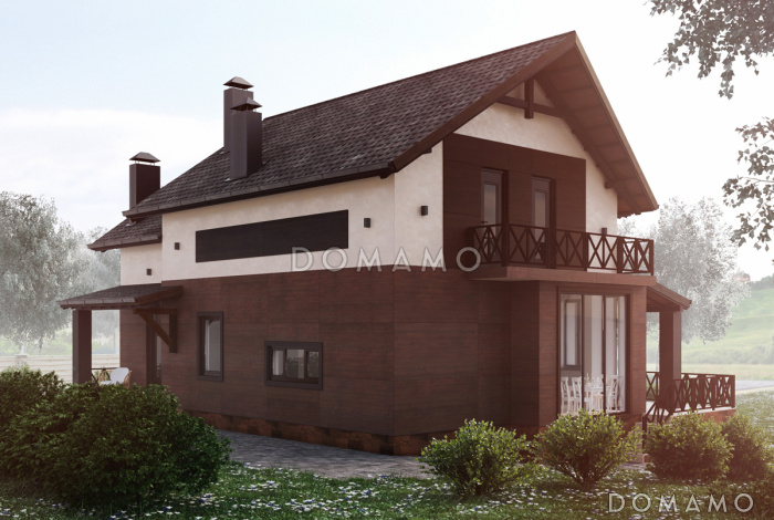 Проект дома с 4 спальнями, свободной планировкой кухни-гостиной-столовой и балконами на мансарде