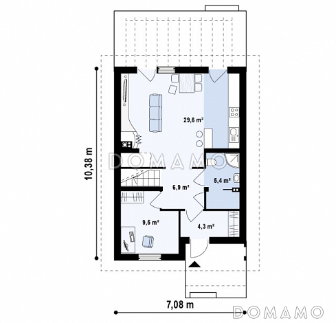 Проект одноэтажного мансардного дома из газобетона с кабинетом и с высокой аттиковой стеной / План 1 этажа
