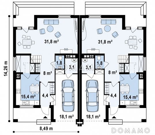 Проект мансардных домов-близнецов из газобетона с гаражом, тремя спальнями и красивым слуховым окном и балконом / План 1 этажа