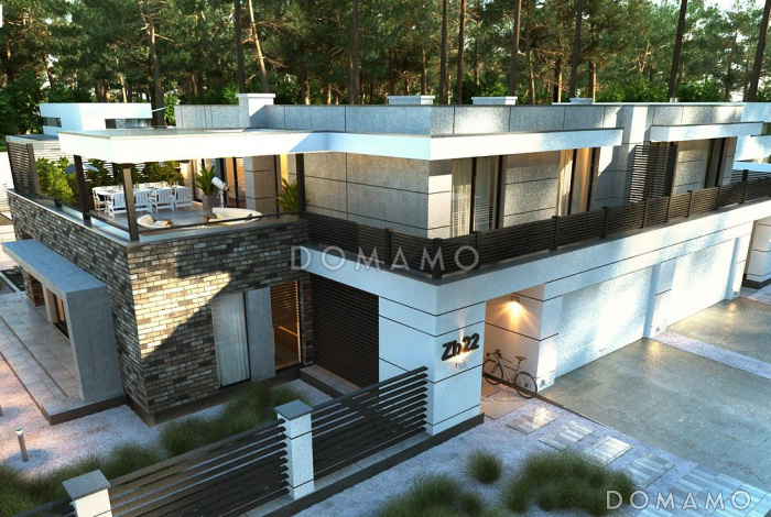 Проект современного двухуровневого дома из кирпича с плоской крышей, террасами и гаражом 