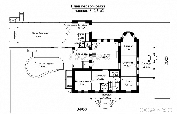 Проект загородного дома с пристроенным задним бассейна из светопрозрачных конструкций / План 1 этажа